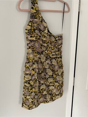 Zara One-Shoulder Floral Mini Dress in Yellow and Lavender